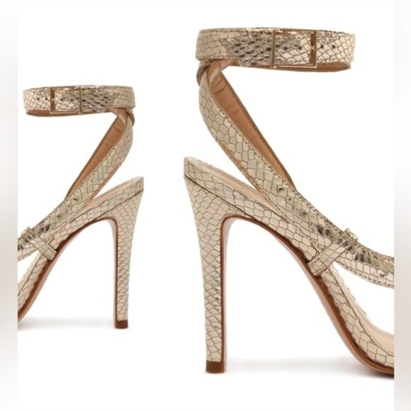 NWT Schultz COURTNEY Metallic Gold Leather snake print peep shoes heels pumps 7B - Picture 3 of 9